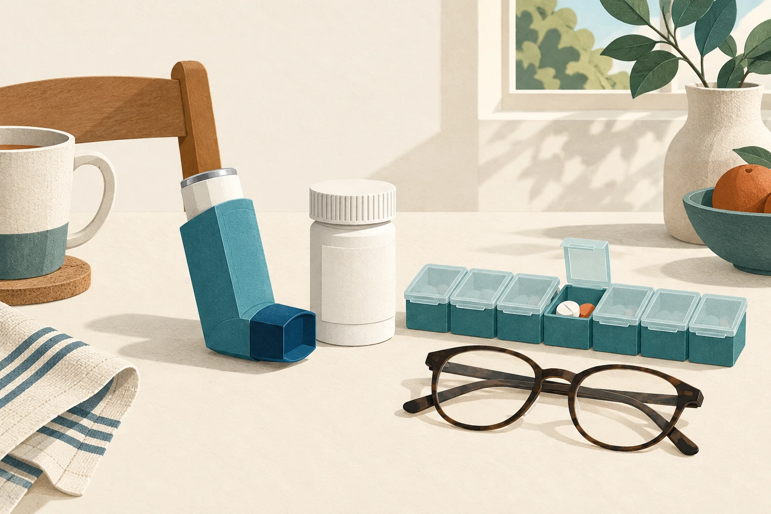 Illustration of an inhaler, medicine container, organizer, and glasses on a table