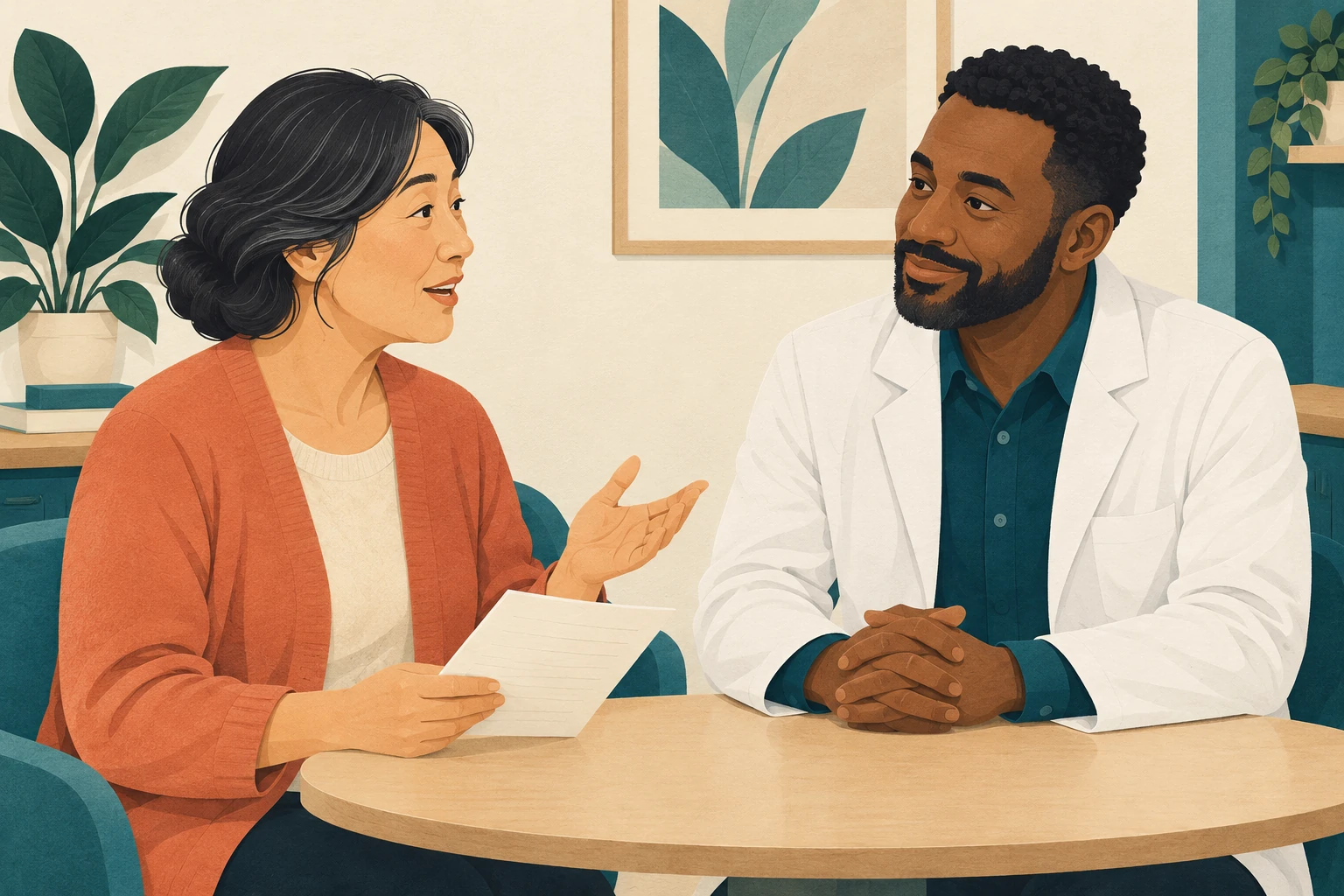 Illustration of a patient asking a pharmacist questions in a private conversation