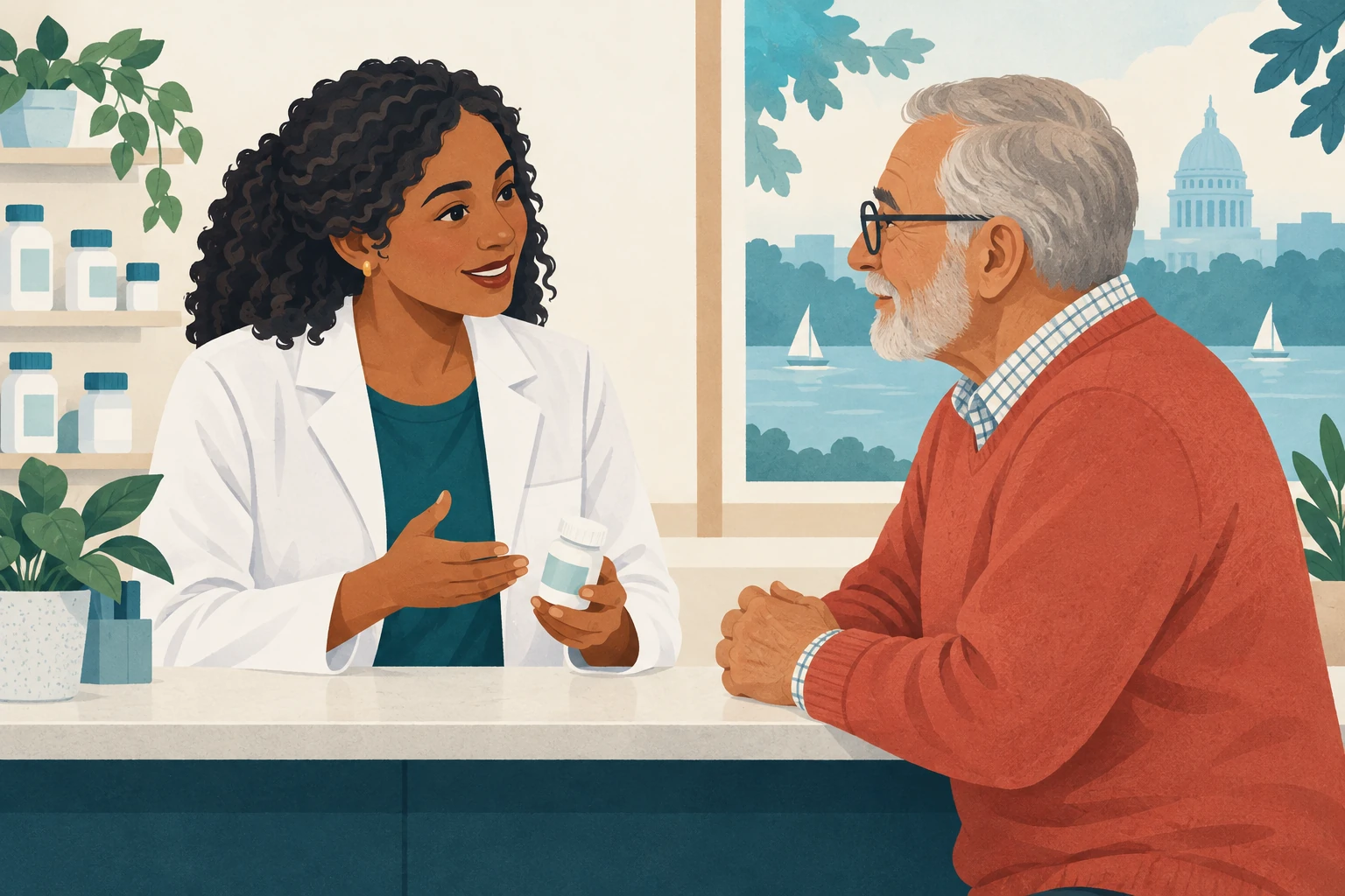 Illustration of a pharmacist talking with an older patient