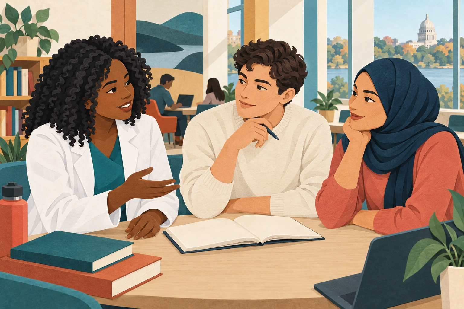 Illustration of three pharmacy students discussing the campaign